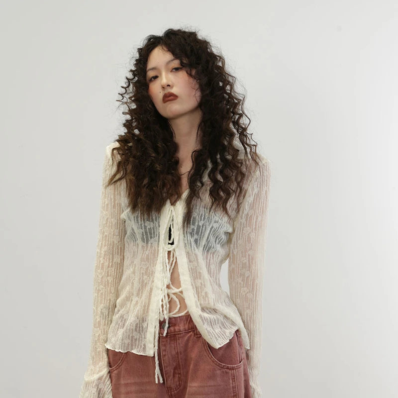 Blouse for Women Temperament Crop Tops 2025 Blusas Mujer De Moda Lace Bandage Slim Fit See Through Shirts Summer Sexy Blouses