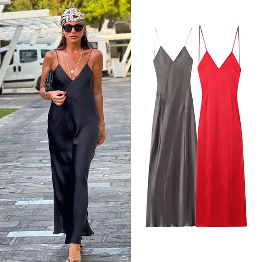 2024 Women's New Chic Fashion Temperament Satin Thin Shoulder Strap Underwear Slim Long Dress Retro Backless Women's Dress Mujer