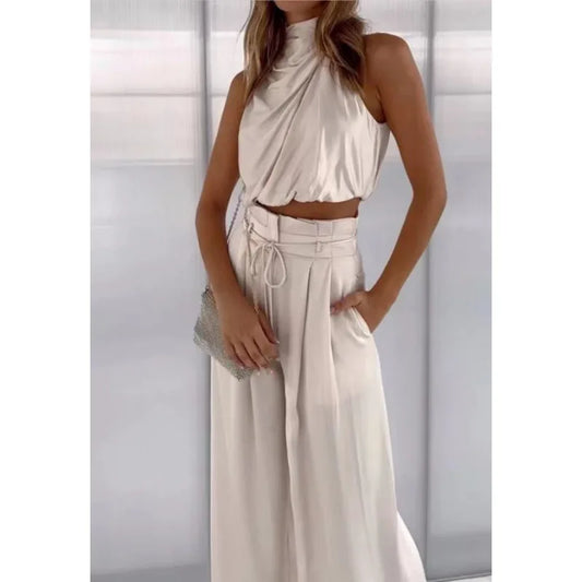 Women's Two Piece Pants Sets Open Navel Outfit Silk Pleated Texture Sleeveless Top Wide Leg Pants Set Summer Matching Sets 2024