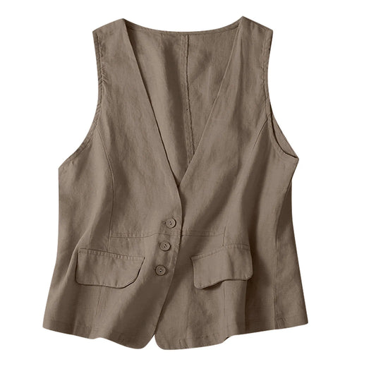 Vintage Vest Summer Top Deep V-Neck Solid Waistcoat Casual Sleeveless Tank Tops Cotton Linen Thin Outerwear Vest Coat Women