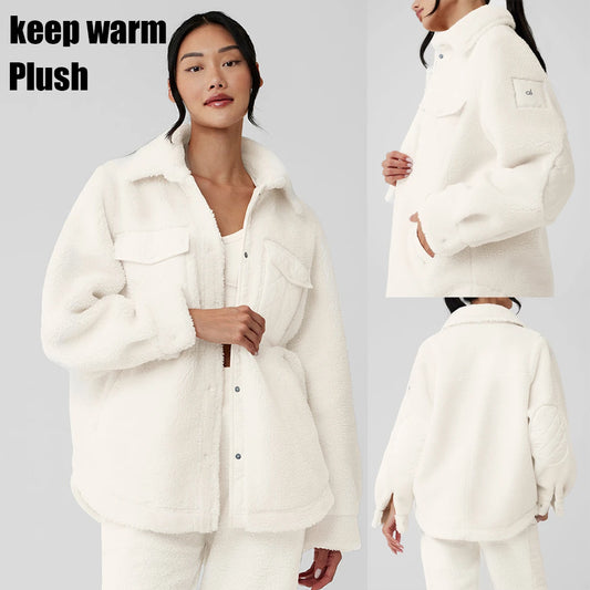 AL Coat for women Plush jacket Lapel shirt style Loose Casual White Fashion Coat Plush  Medium long styles Pockets Jacket New