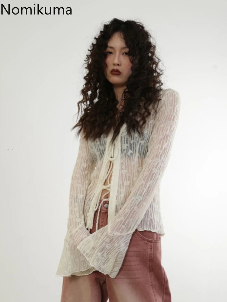 Blouse for Women Temperament Crop Tops 2025 Blusas Mujer De Moda Lace Bandage Slim Fit See Through Shirts Summer Sexy Blouses