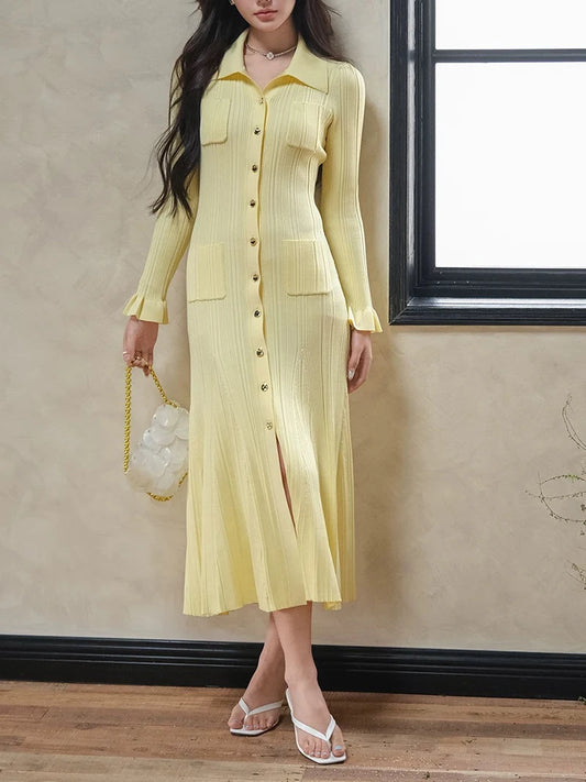 Temperament Elegant Stretch Slim Knit Womens dresses Cream V-neck Long Sleeve Single Breasted Long Dress 2024 Summer New