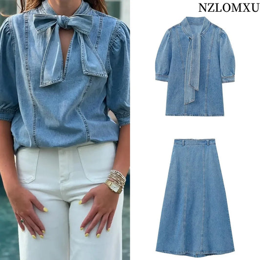 2025 Women Blouse Fashion New Bowtie Neckline Denim Shirt Casual Loose Fitting Long Sleeves Woman Blouses And Shirts Top