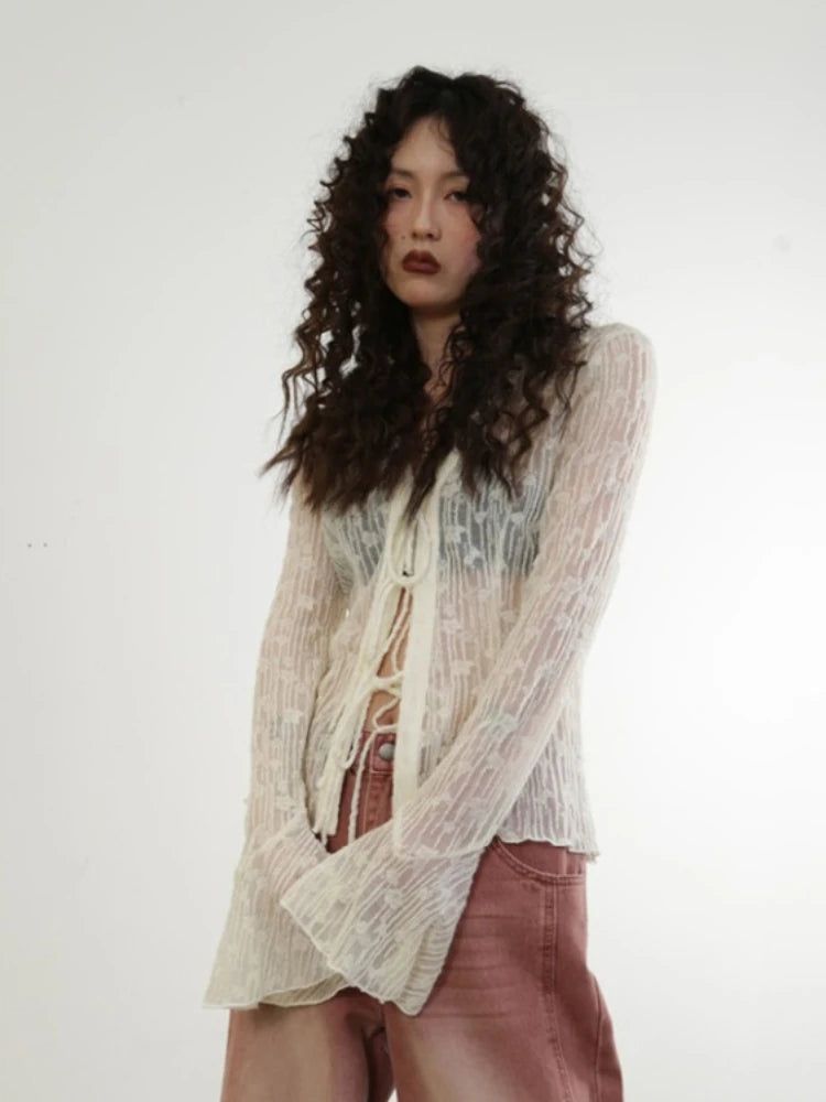 Blouse for Women Temperament Crop Tops 2025 Blusas Mujer De Moda Lace Bandage Slim Fit See Through Shirts Summer Sexy Blouses