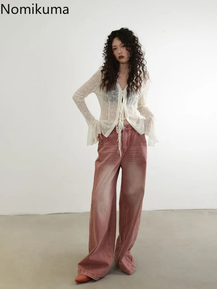 Blouse for Women Temperament Crop Tops 2025 Blusas Mujer De Moda Lace Bandage Slim Fit See Through Shirts Summer Sexy Blouses