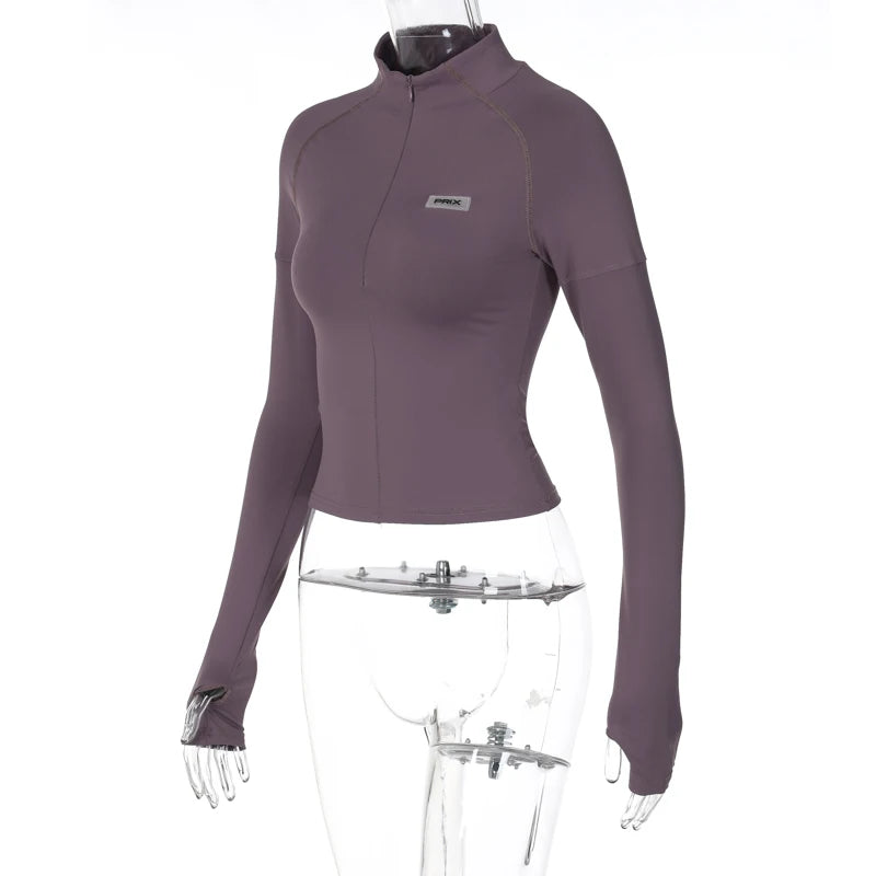 Y2K Zip T Shirt Women Long Sleeve Crop Tops Pullover Stand Collar Slim Skinny Trashy Grunge Y2k Base Tees Sexy Female T-Shirts