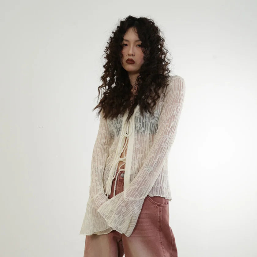 Blouse for Women Temperament Crop Tops 2025 Blusas Mujer De Moda Lace Bandage Slim Fit See Through Shirts Summer Sexy Blouses