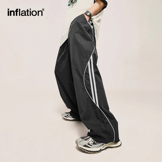 INFLATION Striped Side Wide Leg Trousers Men Drawstring Waist Sportswear Track Pants