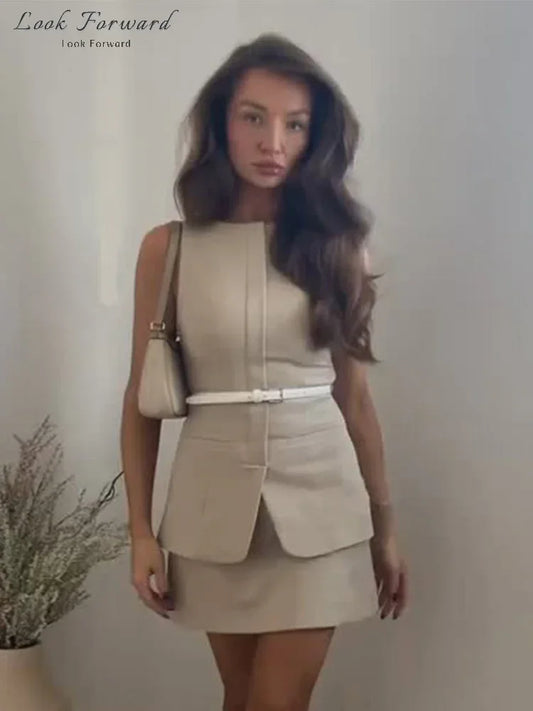 Casual Mini Dress Women Belt Slim Spring Summer O-neck Sleeveless Top Above Knee Skirt Sets Woman Vintage Fake Two Pieces Lady