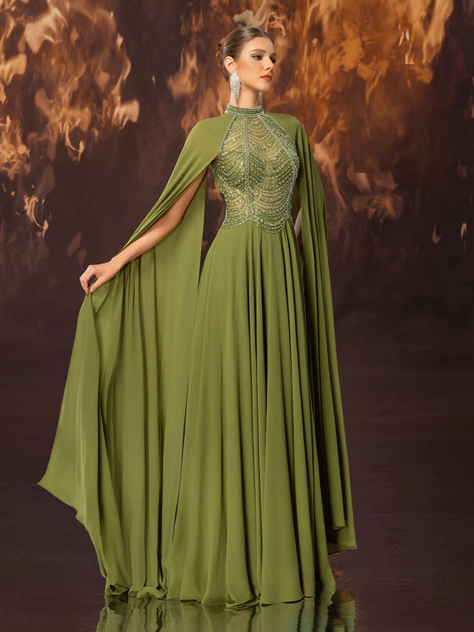 Ladies' formal banquet evening dress, high-end and gorgeous chiffon nail bead stand up collar, ultra long sleeve evening dress