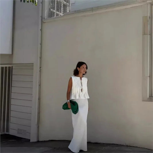Women's Ruffled Lace Up Suit Blouse Long Skirt High Street Suit Solid Color Skirt 2 Piece High Street Suit 2024 New Suit