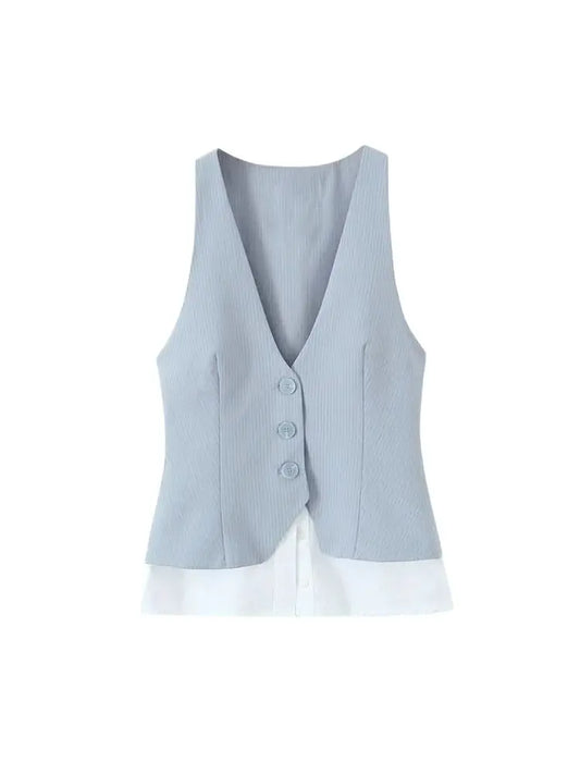 TRZA Women's Fashion Striped Patchwork Vest Sleeveless V-Neck Waistcoat Chic Outerwear Front Button Chic Vest Tops