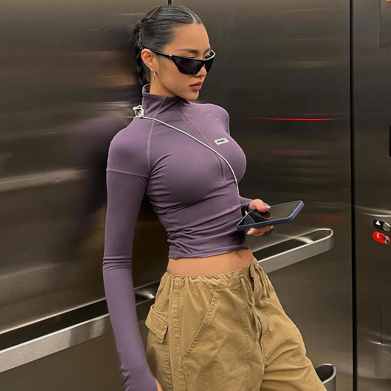 Y2K Zip T Shirt Women Long Sleeve Crop Tops Pullover Stand Collar Slim Skinny Trashy Grunge Y2k Base Tees Sexy Female T-Shirts