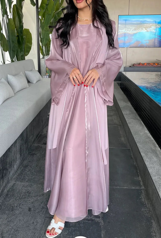 Women Eid Muslim Sets 2 Piece Dress Shiny Satin Dubai Abayas Kebaya Jalabiya Turkey Kaftan Ramadan Islam Clothing Robe Vestidos
