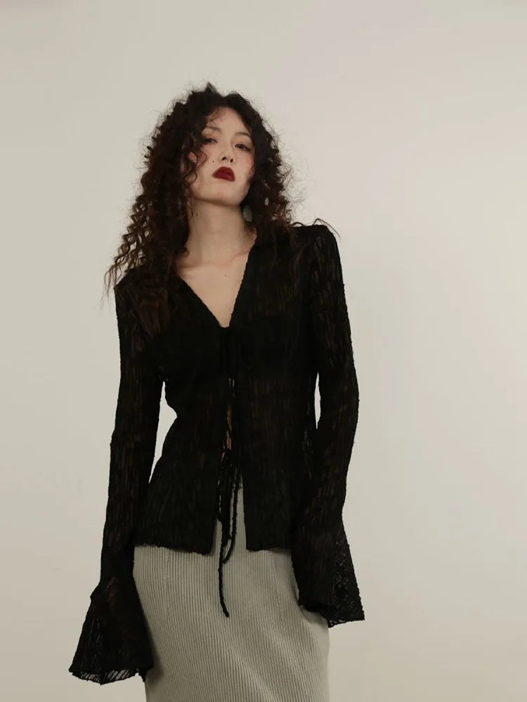 Blouse for Women Temperament Crop Tops 2025 Blusas Mujer De Moda Lace Bandage Slim Fit See Through Shirts Summer Sexy Blouses