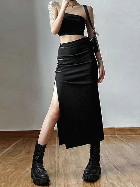Women Skirt Summer New Streetwear Fashion Zipper Casual Slim Split Maxi Skirt Black Sexy Club Party Elegant Versatile Lady Skirt