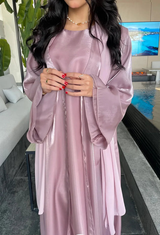 Women Eid Muslim Sets 2 Piece Dress Shiny Satin Dubai Abayas Kebaya Jalabiya Turkey Kaftan Ramadan Islam Clothing Robe Vestidos