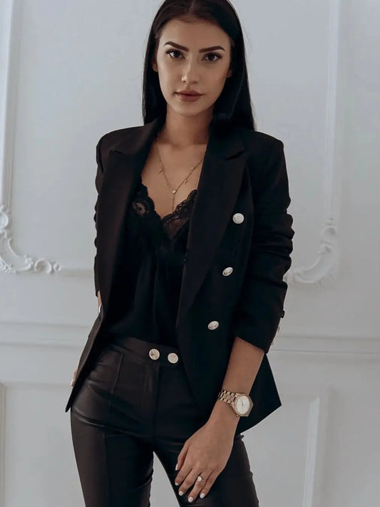 Women's Classic Double Breasted Blazer with Metal Buttons Plain Slim Fit Lapels Business Office Jacket Elegant Retro Short Suit
