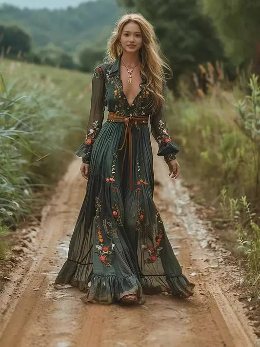 Ethnic Retro Floral Print Pleated Long Dress Sexy Shirt Collar Buttons Women Party Dress Fall Long Sleeve Boho Maxi Dress 2024