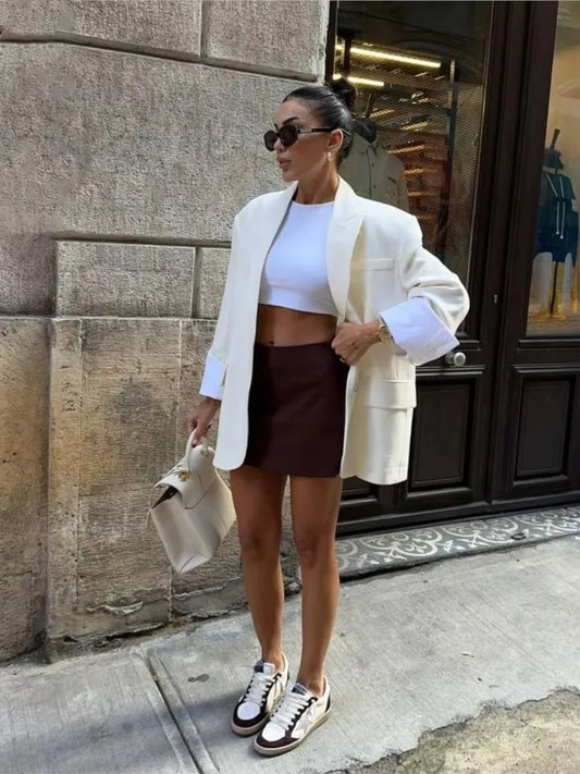 Elegant Blazer Coat For Women Fashion Pockets Lapel Oversized Suit Jackets 2025 New Autumn Office Lady Casual Loose Outerwear