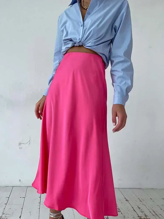 Fashion Women's Skirt A-line Silk High Waist Elegant Skirts Green Blue Long Summer Skirts Korean Side Zipper Office Satin Skirt
