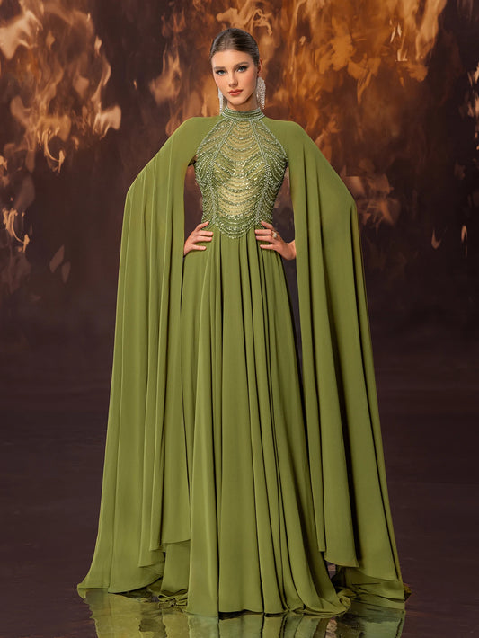 Ladies' formal banquet evening dress, high-end and gorgeous chiffon nail bead stand up collar, ultra long sleeve evening dress