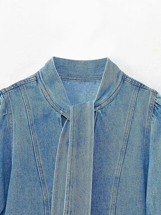 2025 Women Blouse Fashion New Bowtie Neckline Denim Shirt Casual Loose Fitting Long Sleeves Woman Blouses And Shirts Top